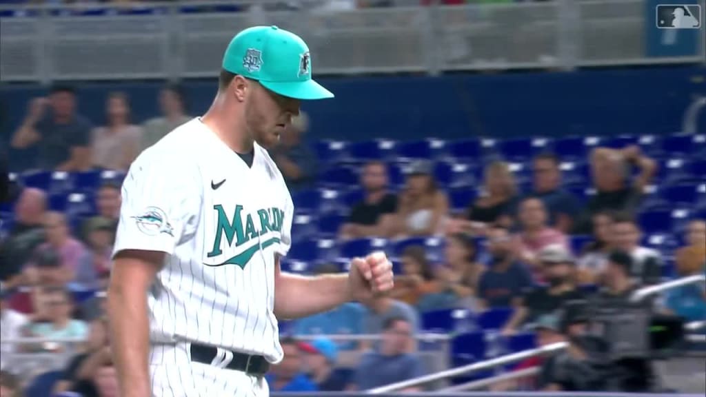 Trevor Rogers of the Miami Marlins celebrates with teammates in