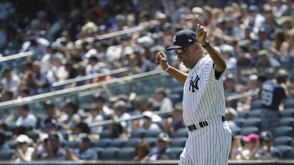 Hector Lopez on the field at Yankees’ Old Timers Day in 2019 (AP)