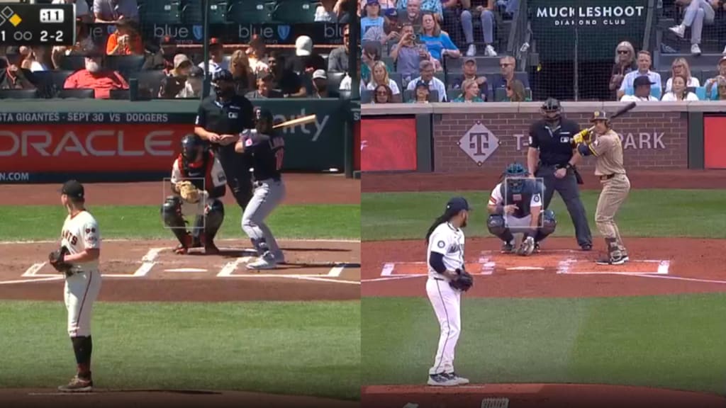 On the left, Laureano prior to striking out in 2023. On the right, Laureano just before hitting a grand slam in 2025.