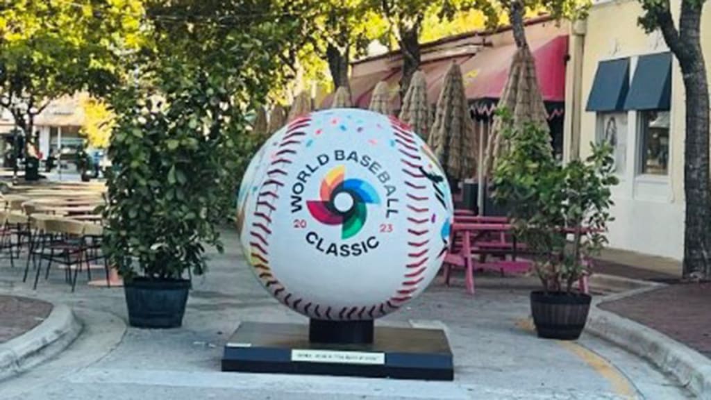 The giant baseball sculpture created by a local artist at Coconut Grove (Courtesy of the Marlins)