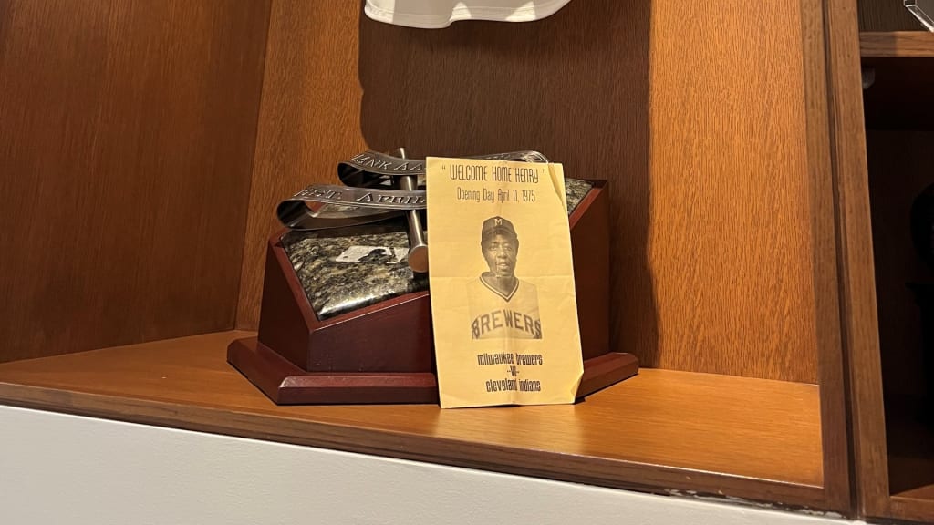 A pamphlet from “Welcome Home Henry” day at Milwaukee County Stadium in 1975, with some of the many Aaron items on display in Bud Selig’s downtown office.