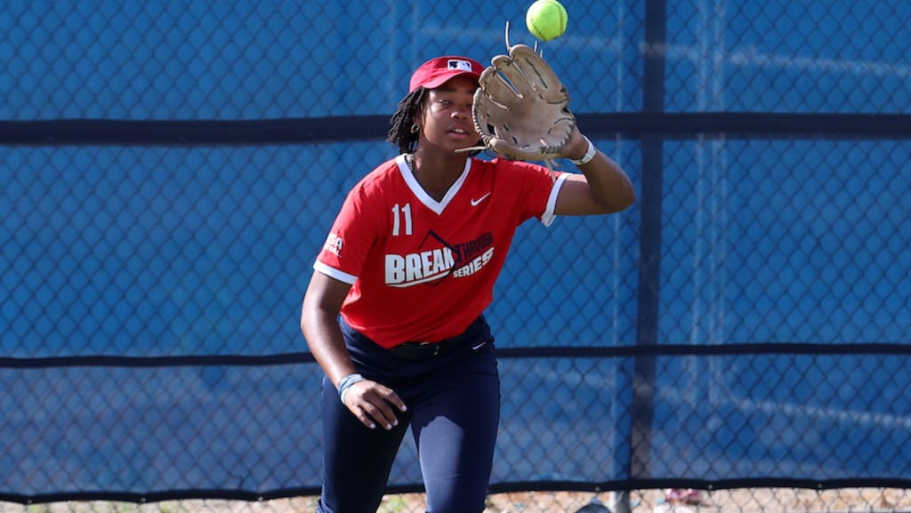 Madison Kimble catches a fly ball during the 2026 Softball Breakthrough Series.