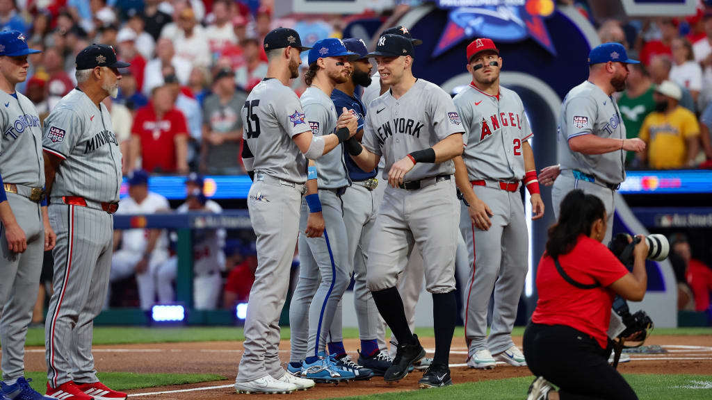With Judge unavailable to start the Midsummer Classic, Bellinger (C) was ready to step in for his injured teammate. He and Rice (third from R) were in the starting lineup in Philadelphia, batting sixth and seventh, respectively. They combined to drive in three runs in the first inning, keying a 4-0 American League victory.