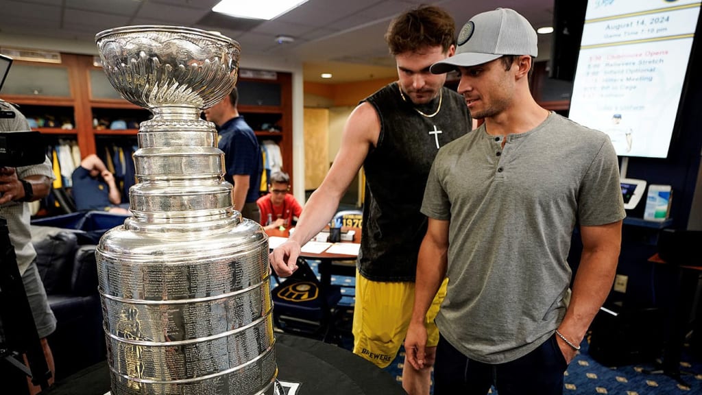 Tyler Black and Sal Frelick with the Stanley Cup (Scott Paulus/Brewers)