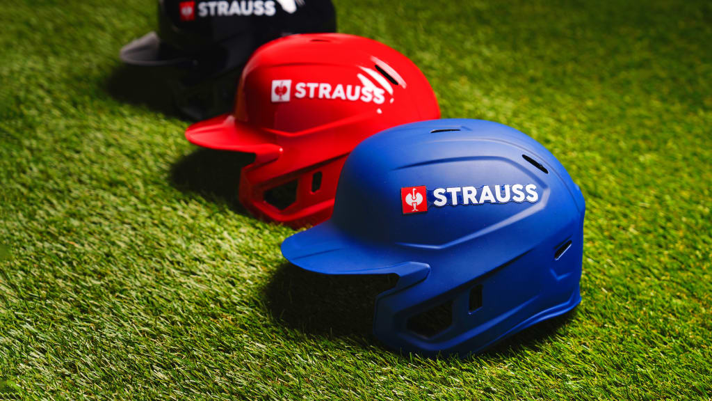 A look at the new STRAUSS logo that will appear on MLB helmets starting this postseason. (Photo via Dave Hochman)