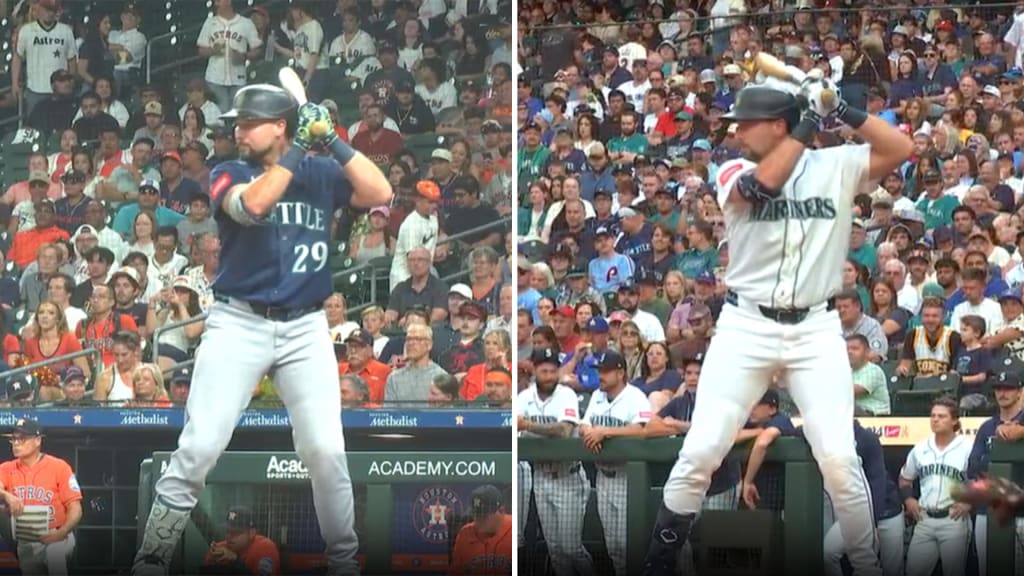 (L) Raleigh in his old stance during the Mariners' series in Houston from Aug. 14-16. (R) His new setup during an at-bat that ended with a homer on Seattle's recent homestand.
