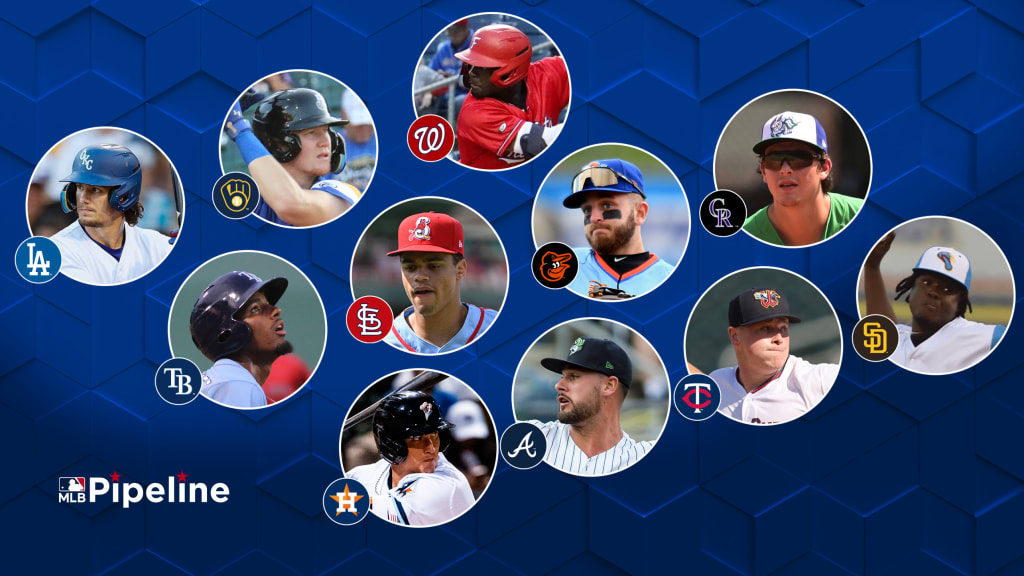 Images of 11 prospects in circles with their MLB team's logos, all on a blue background