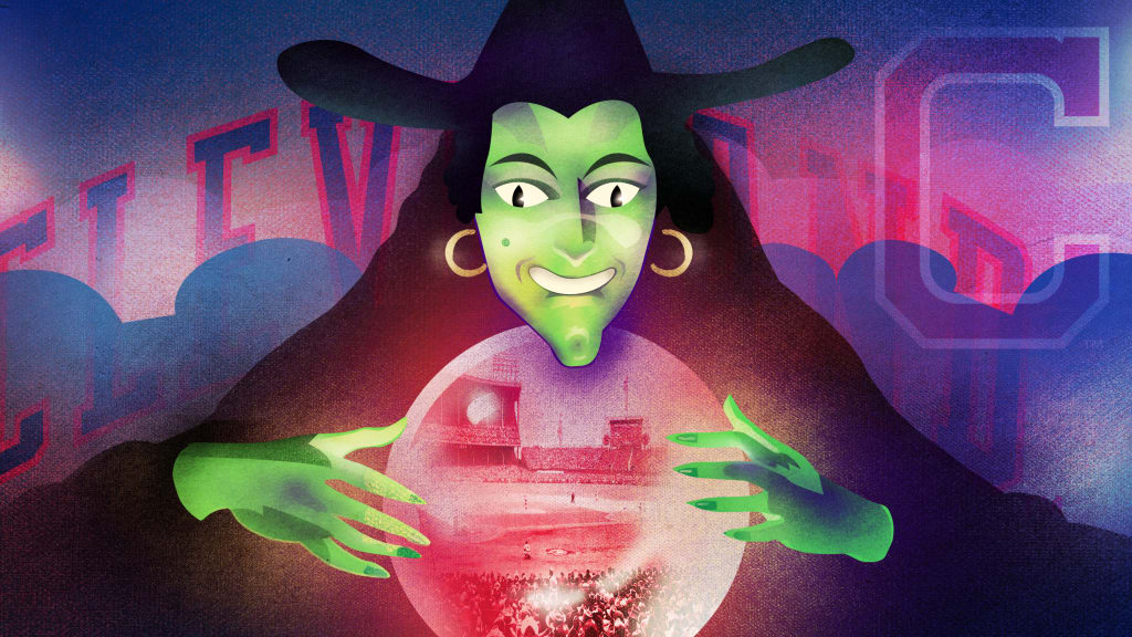 An artistic depiction of a witch looking into a crystal ball at a baseball stadium