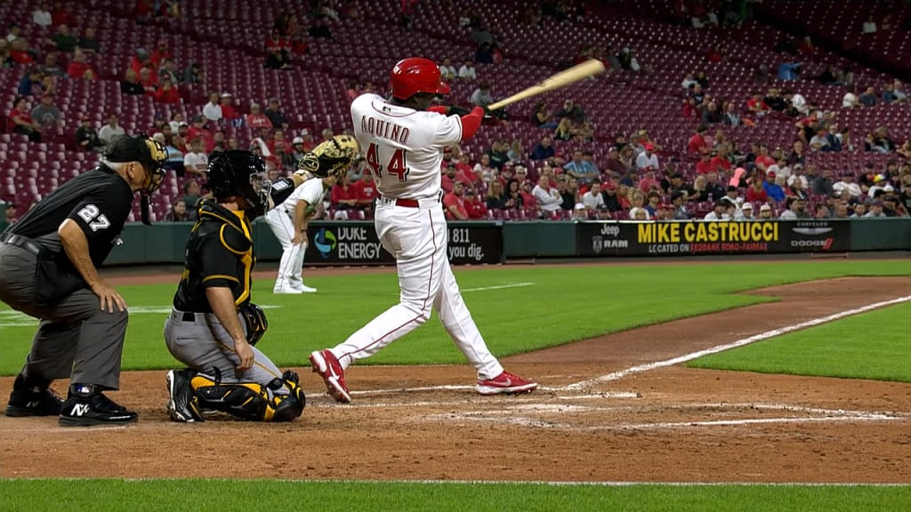 Cincinnati Reds left fielder Aristides Aquino (44) and second baseman Alejo  Lopez (35) attempt to catch a fly ball during the team's baseball game  against the Arizona Diamondbacks Tuesday, June 7, 2022