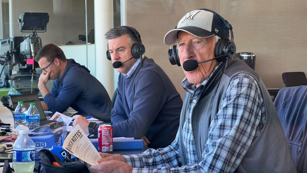 Bob Uecker broadcasts from the radio booth during the Giants-Brewers Spring Training game on Saturday.