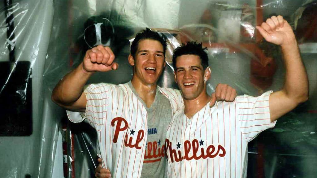 Scott Rolen and Dan Held celebrate winning the Eastern League title in 1995.