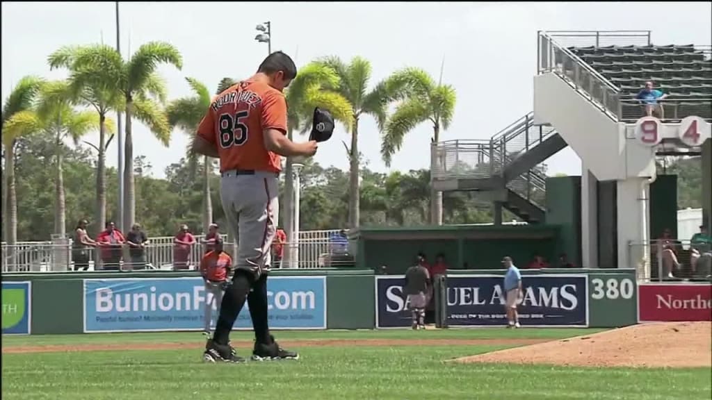 Orioles pitchers Grayson Rodriguez (85), Spenser Watkins (52) and