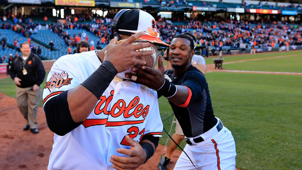Jones' signature pie celebration took Birdland by storm during his tenure (Rob Carr/Getty Images)