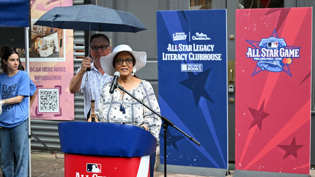 Claire Smith speaks during the 2026 All-Star Legacy Tree House Books literacy clubhouse renovation at Tree House Books. (Photo by Drew Hallowell/MLB Photos via Getty Images)