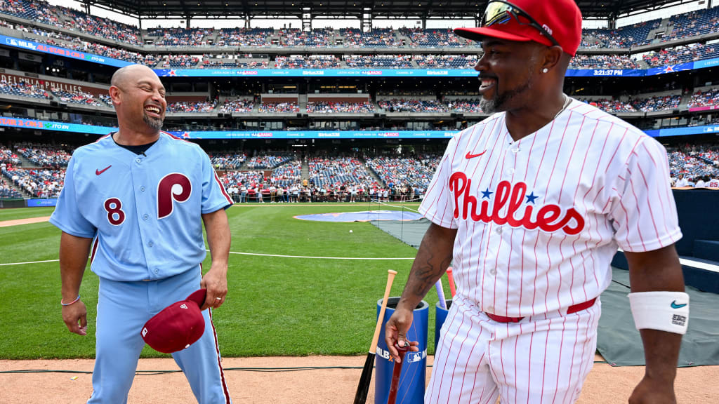 Shane Victorino (left) jokes with Jimmy Rollins during MLBx. (Getty)