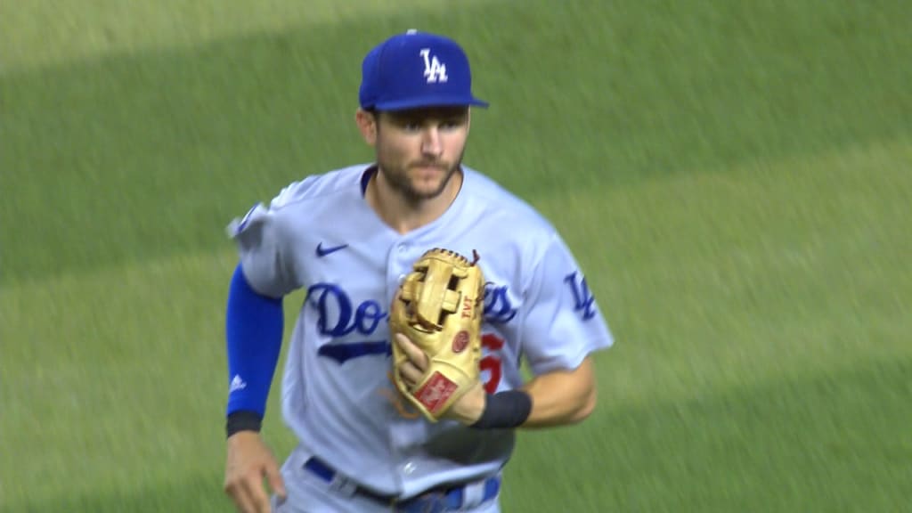 Los Angeles Dodgers second baseman Trea Turner looks on during the