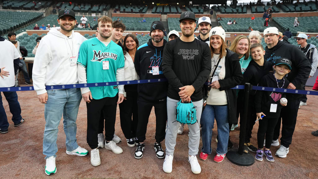 Jakob Marsee and his family during batting practice at Comerica Park.