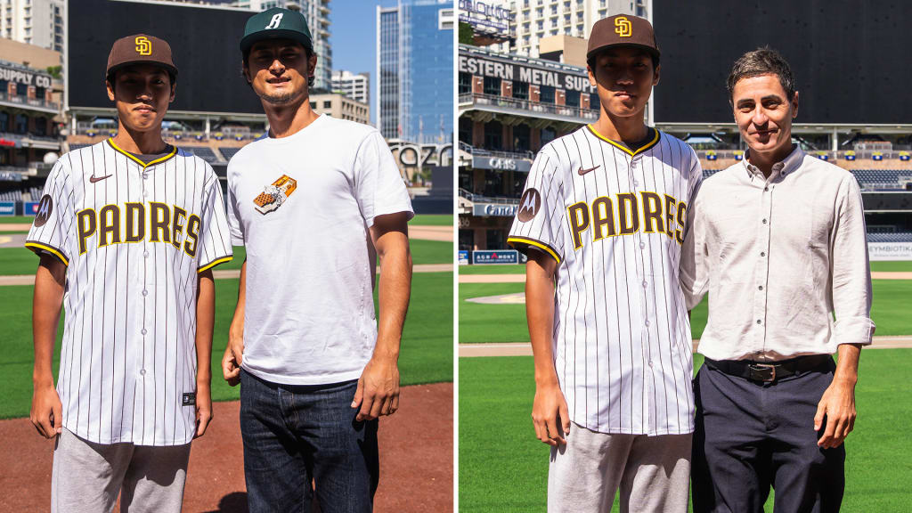 Lan-Hong Su with Yu Darvish and Padres President of Baseball Operations and GM A.J. Preller (Courtesy of Matt Thomas/San Diego Padres)