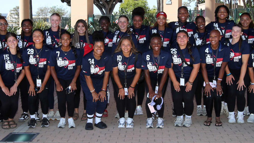 Breakthrough athletes pose in front of Angel Stadium during the 2026 Softball Breakthrough Series.
