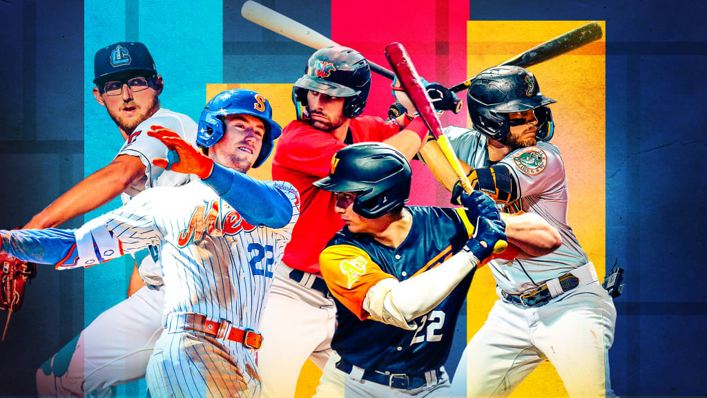 A photo illustration of 5 prospects in front of a red, yellow and blue background