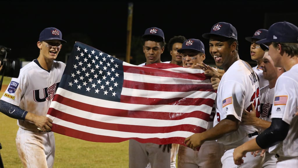 Bobby Witt Jr. (left) was MVP of the tournament, batting .576 with 18 RBIs and a 1.736 OPS in 9 games. (Photo courtesy of USA Baseball)