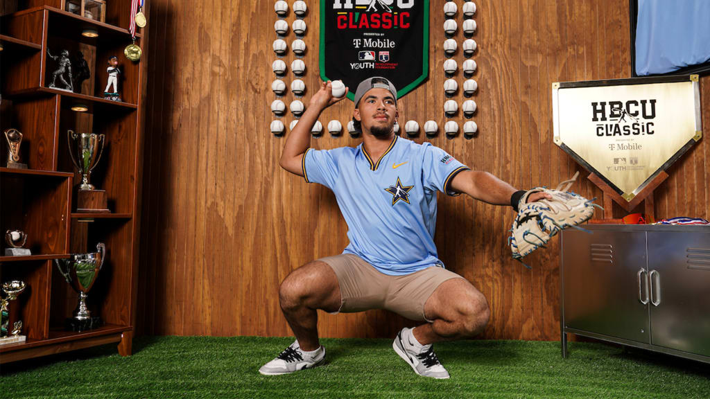 Tyler Smith of North Carolina A&T University poses for a photo during the 2025 HBCU Swingman Classic player photo shoot at The Westin Buckhead Atlanta on Thursday. (Photo by Kyrease Desseau/MLB Photos via Getty Images)