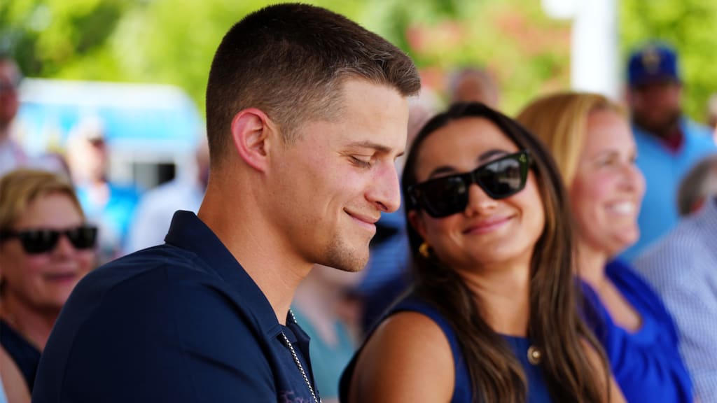 ARLINGTON, TX - JULY 15: 2023 World Series MVP Corey Seager and his wife Mady look on during the All-Star Legacy Park and Corey Seager Batting Cages Unveiling at Senter Park on Monday, July 15, 2024 in Arlington, Texas. (Photo by Daniel Shirey/MLB Photos via Getty Images)