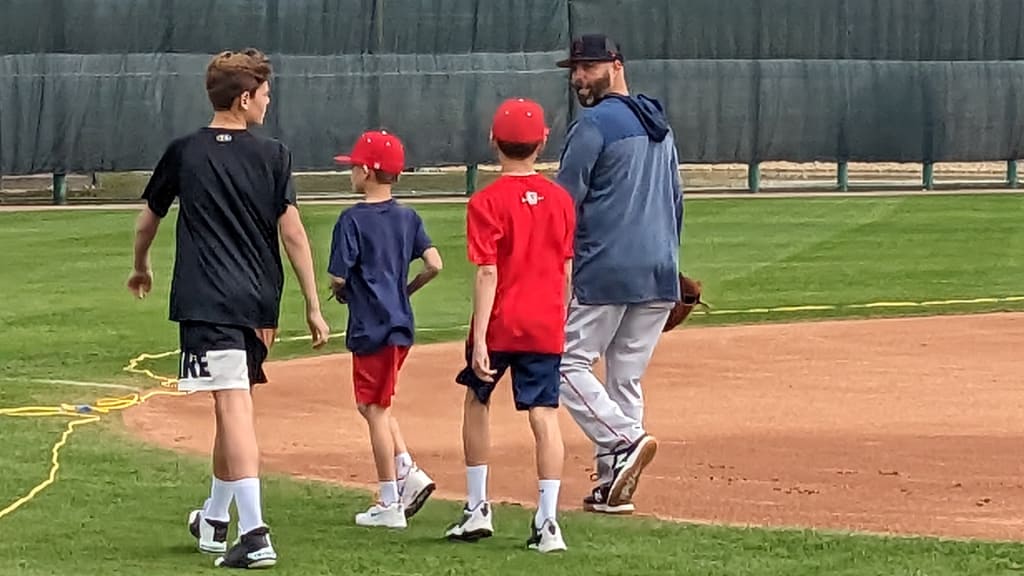 Pedroia and his children, Dylan, Brooks and Cole, at Red Sox camp in Fort Myers