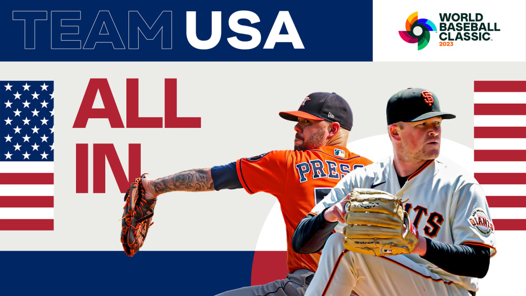 Images of Ryan Pressly and Logan Webb pitching against a red, white and blue background