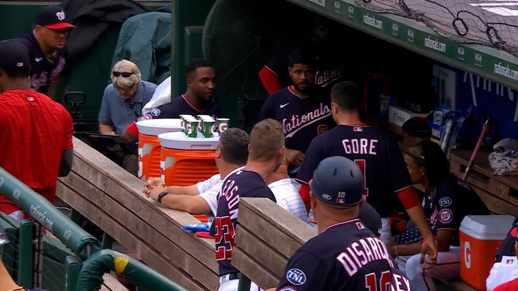 Washington Nationals' Victor Robles walks in the dugout after