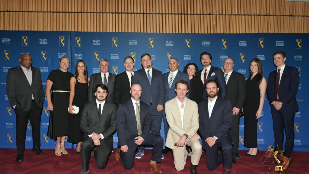 Representatives from MLB, Netflix, Meadowlark Media, Barnicle Bros. (filmmakers, "The Comeback"), along with Kyle Thrash (filmmaker, "The Turnaround") and Jon McCann (subject of "The Turnaround") at the 2025 Sports Emmys in New York.