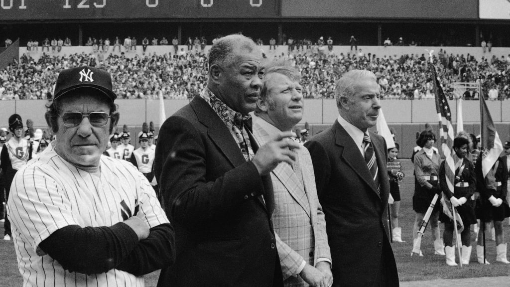 Yogi Berra, Joe Louis, Mickey Mantle and Joe DiMaggio at Yankee Stadium's reopening in 1976.