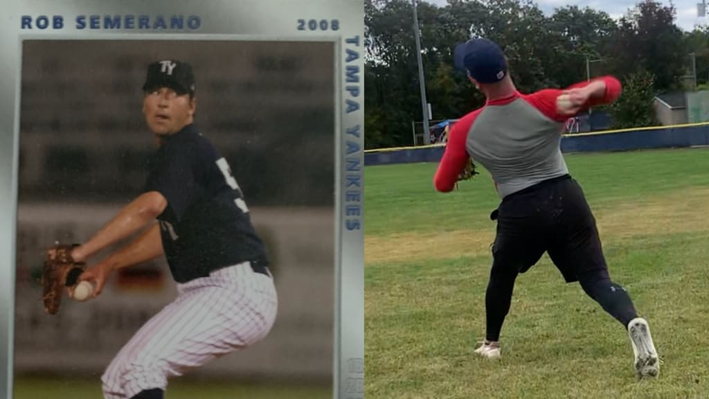 Rob Semerano pitching for High-A Tampa in the Yankees organization in 2008. His father, Bob, pitched for the Yankees during Spring Training in Tampa 29 years earlier at the request of George Steinbrenner.