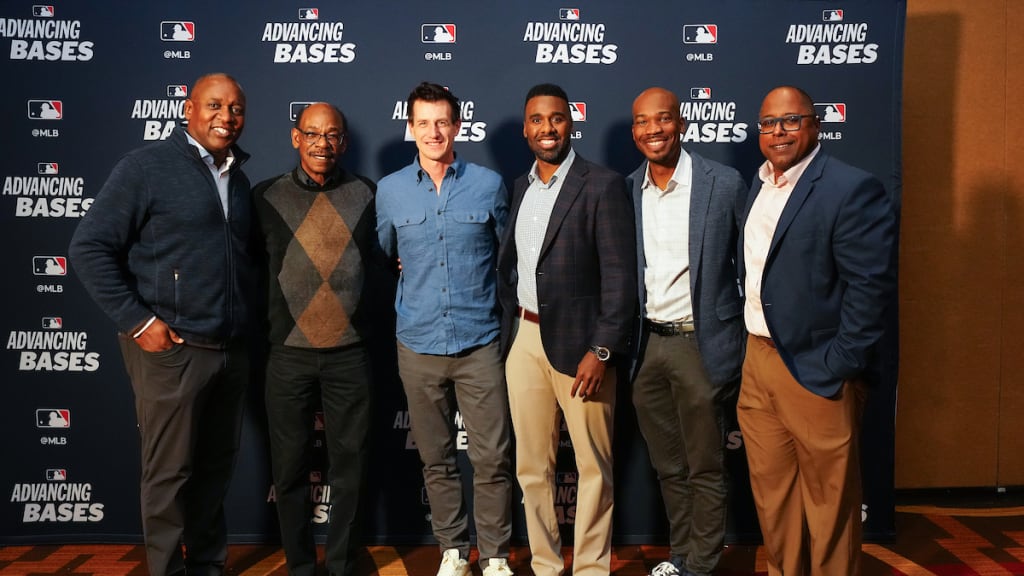 MLB Senior Vice President of Baseball Operations Michael Hill, Los Angeles Angels Manager Ron Washington, Chicago Cubs Manager Craig Counsell, Chicago Cubs Assistant General Manager Jared Banner, Cleveland Guardians Assistant General Manager James Harris, and MLB Senior Director of Front Office and Field Staff Diversity Pipeline Program Tyrone Brooks pose for a photo during the Advancing Bases event. (Photo by Mary DeCicco/MLB Photos via Getty Images)