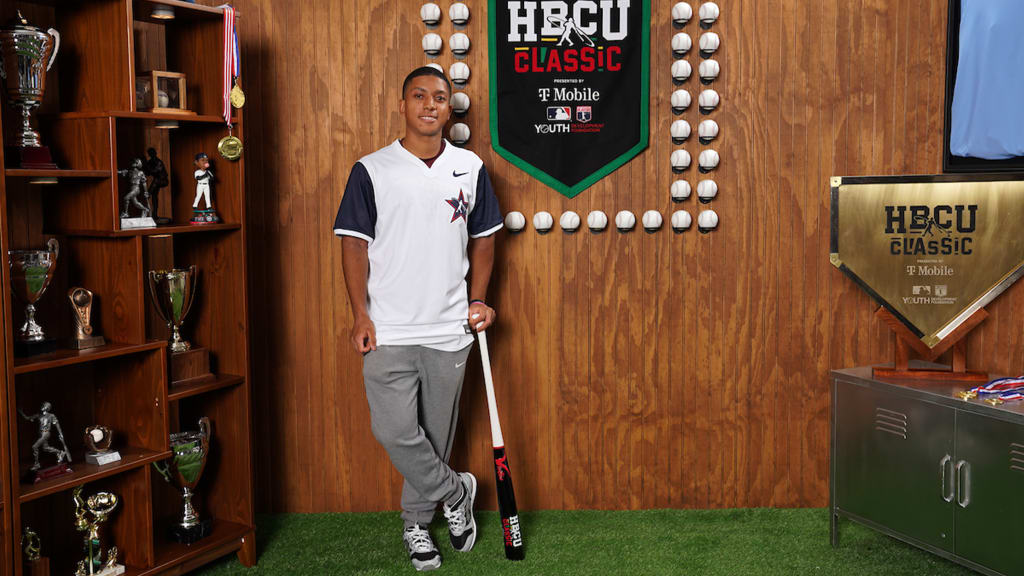 Elijah Pinckney of Morehouse College poses for a photo during the 2025 HBCU Swingman Classic player photo shoot at The Westin Buckhead Atlanta on Thursday. (Photo by Kyrease Desseau/MLB Photos via Getty Images)