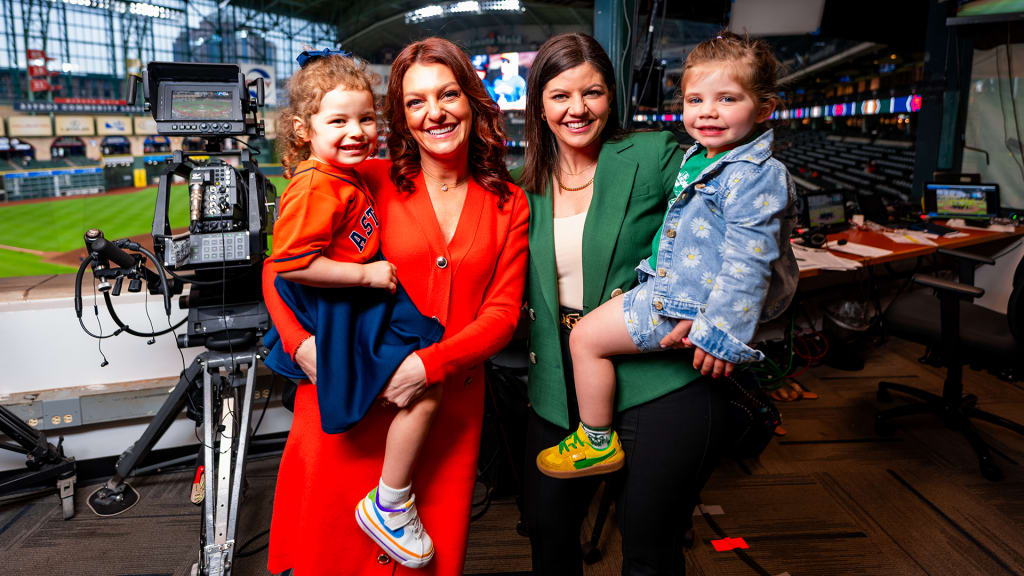 Julia Morales (left) and Jenny Cavnar (right) had their three-year-old daughters on hand as they became the first two women to call TV play-by-play for the same game. Credit: Houston Astros