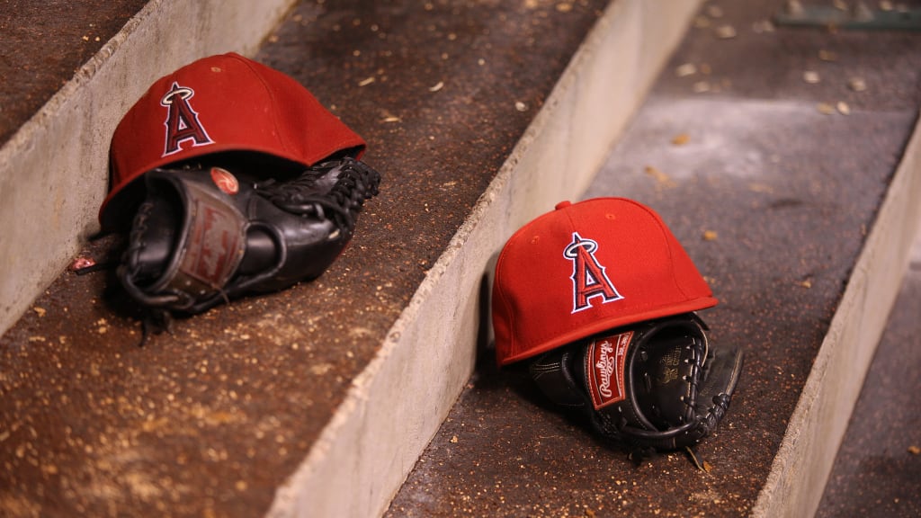 Angels caps on the dugout steps, 2014. (Paul Spinelli/MLB Photos via Getty Images)