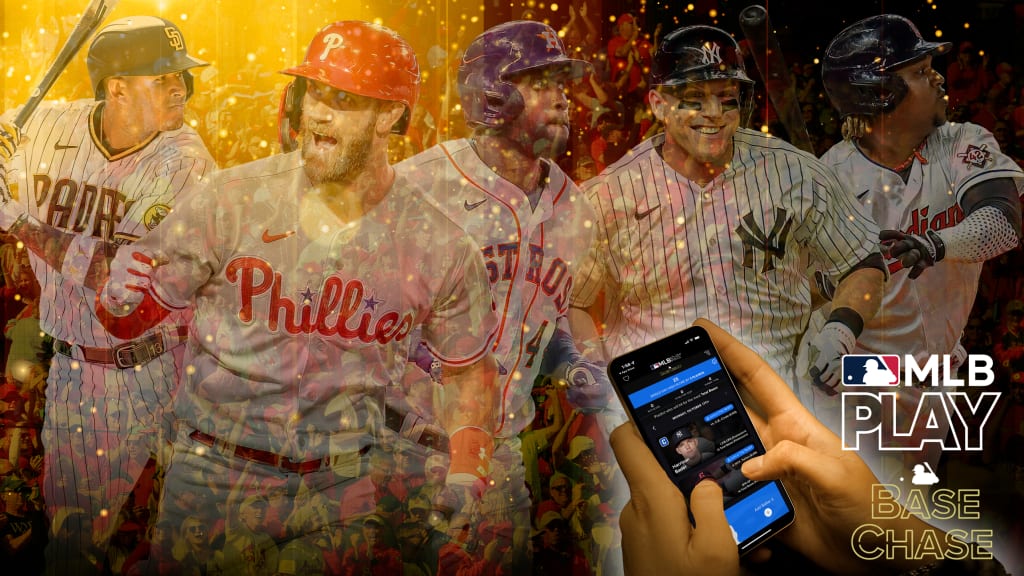 5 players superimposed over fans, with two hands in the lower right using an app on a phone