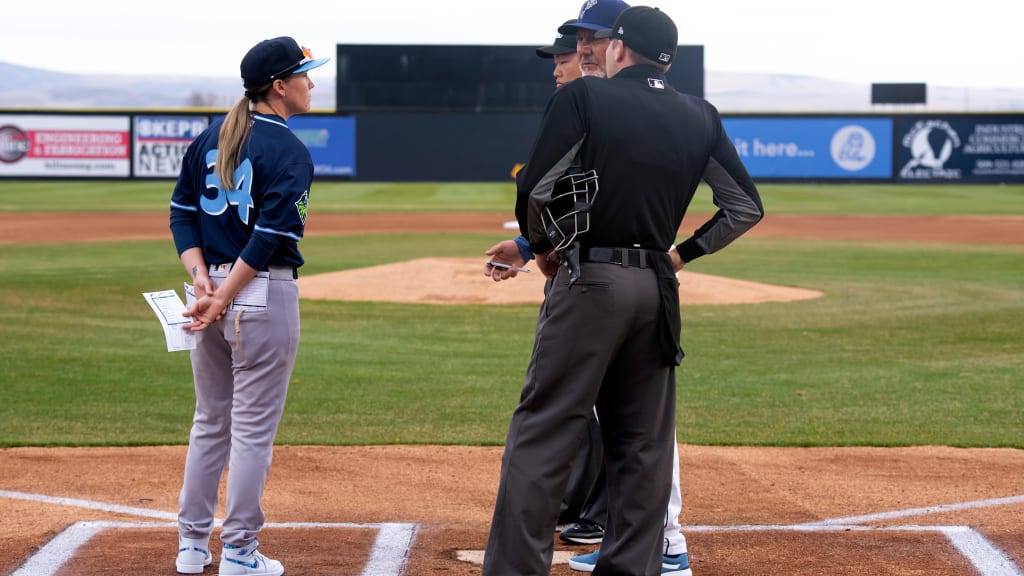 Ronnie Gajownik goes over ground rules with the umpiring crew before the Hillsboro Hops' game.
