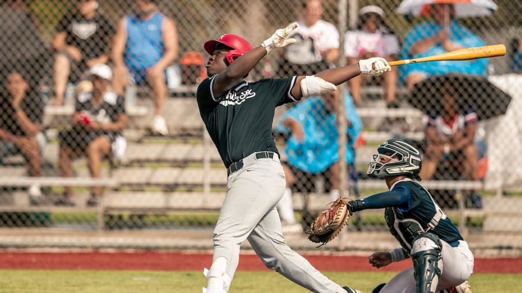Terrell Hampton Hall bats during the 2026 Nike RBI Junior Baseball World Series at Jackie Robinson Training Complex on Friday. (Photo by Jared Blais/MLB Photos)