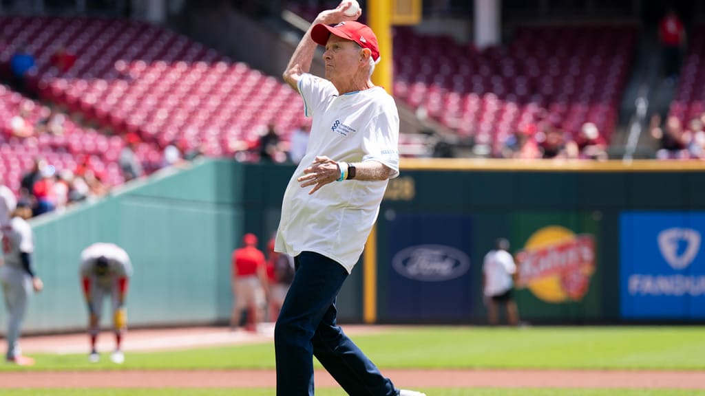 Prostate Cancer Foundation chairman Michael Milken tossed the first pitch before the Reds' Father's Day game.