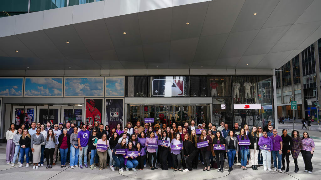 MLB employees pose for a group photo during the MLB Women ERG International Women's Day Event at MLB Headquarters on March 8.