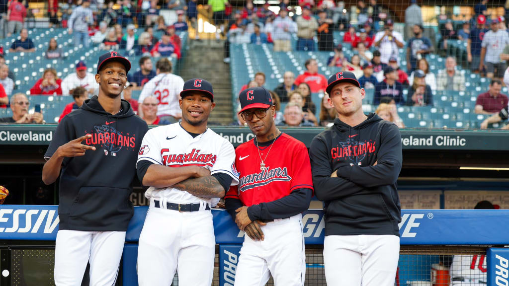 (L to R) Guardians pitcher Triston McKenzie, pitcher Xzavion Curry, Kid Cudi and pitcher Tanner Bibee (Guardians on X)