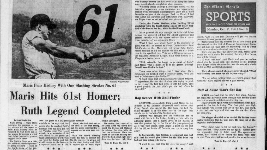 How newspapers covered Roger Maris' 61st homer
