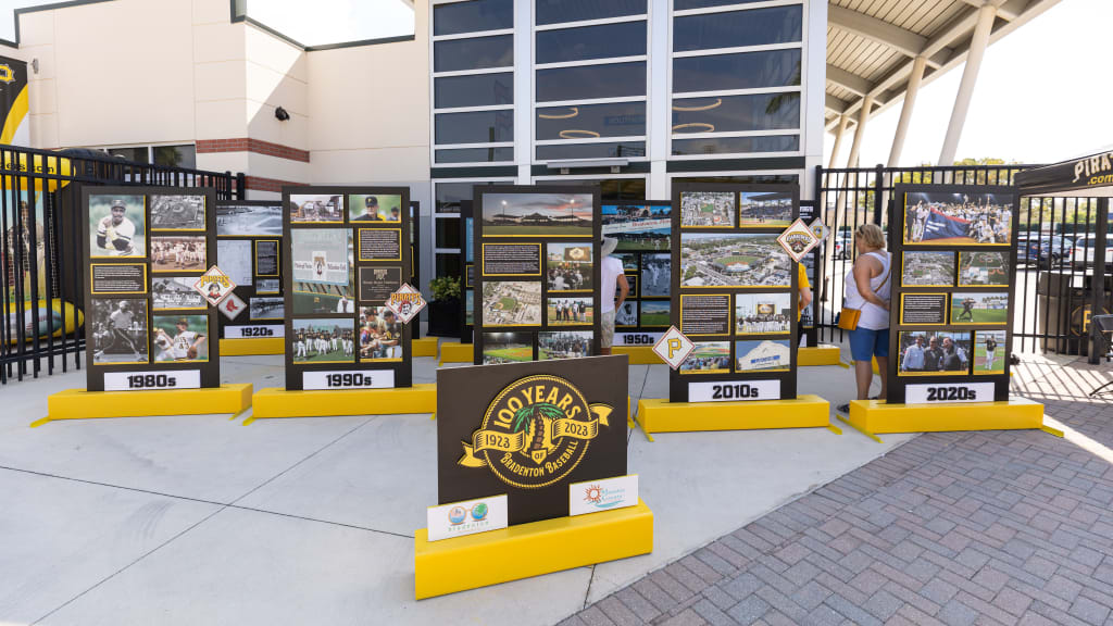 A display outside LECOM Park commemorates 100 years of baseball in Bradenton.