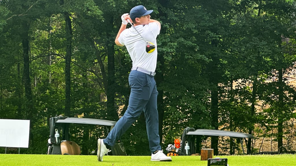 Austin Riley jumped around the course and played with several of the groups. (Derrian Carter/MLB.com)