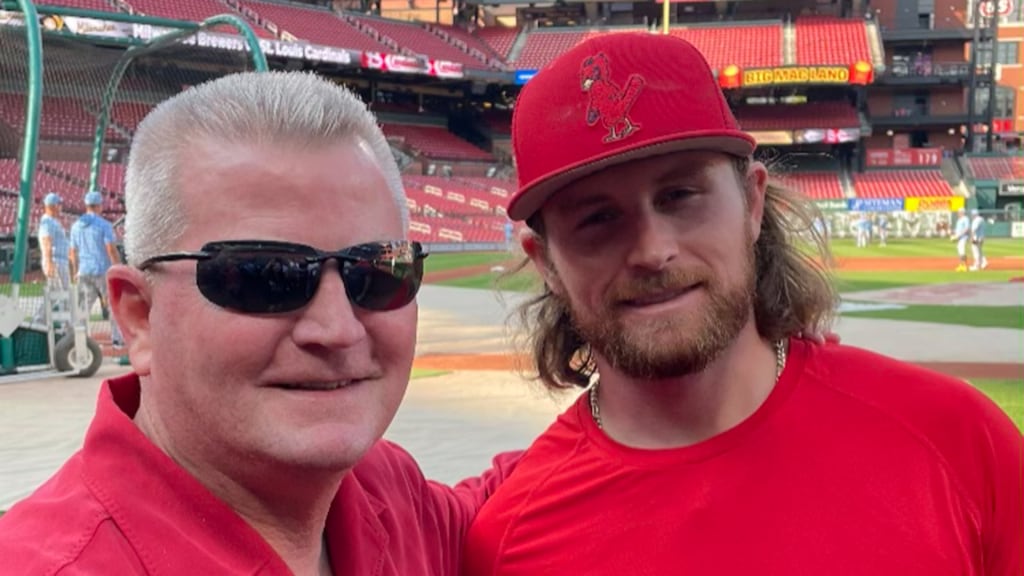 Alan Luckie poses for a photo with Brendan Donovan ahead of a game in St. Louis. Luckie has followed Donovan’s career, and tries to make a few visits per year.