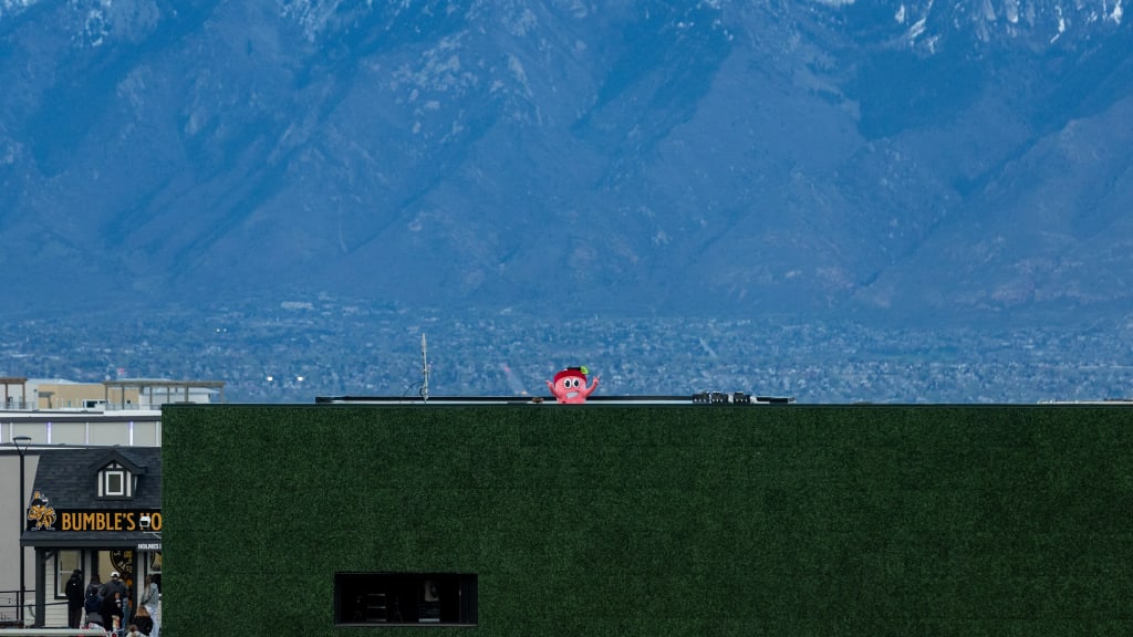 The Swig cup appears between the outfield wall and the Wasatch Mountains at Dirty Sodas games.