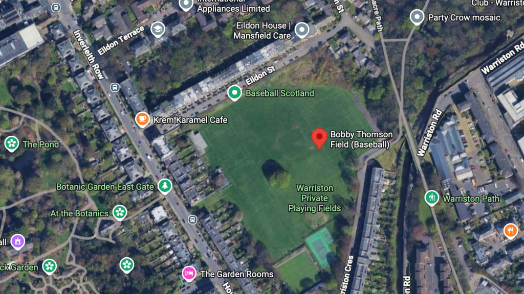 A Google Earth screenshot of Bobby Thomson Field in Edinburgh. (Though the Diamond Devils have kept the field's name, the only sign you’ll find for it is on Google Maps. Until the team is able to build a permanent baseball diamond, you’ll find no plaque proclaiming you’ve arrived at Thomson’s honorific.)