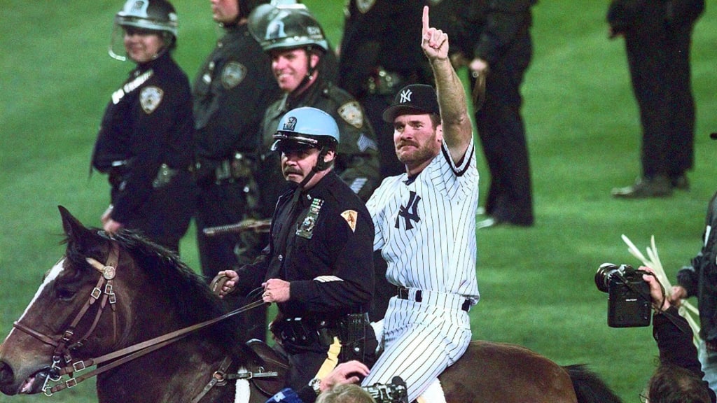 Here's a very different stadium horseback ride: Wade Boggs takes a trip around Yankee Stadium after his 1996 World Series win.